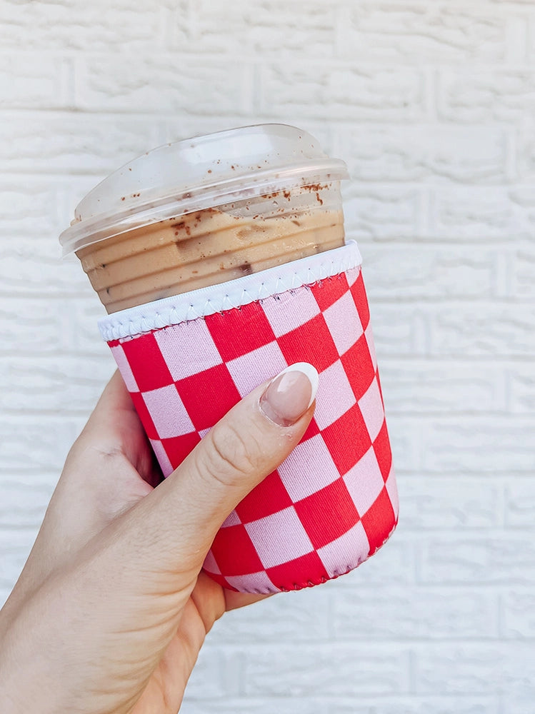 Pink &amp; Red Checkered Iced Coffee Sleeve