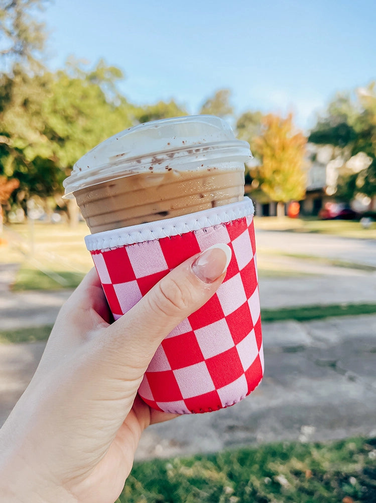 Pink &amp; Red Checkered Iced Coffee Sleeve