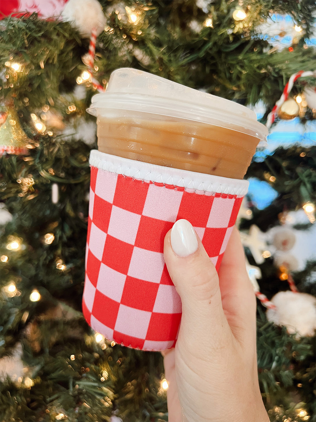 Pink &amp; Red Checkered Iced Coffee Sleeve